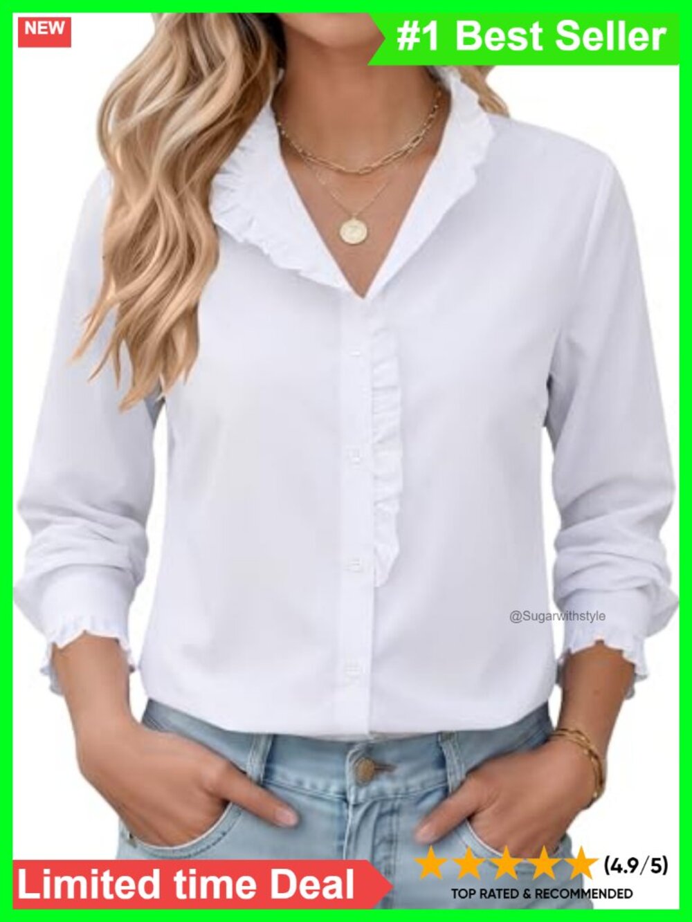LOMON Women's Button Down Blouse Ruffle Cuff Slim Fit Work Top